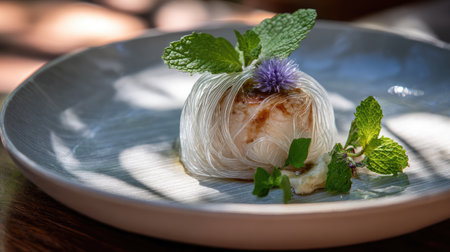A beautifully presented gourmet dish featuring delicate noodles, fresh herbs, and edible flowers, creating a stunning visual appeal in natural light.の素材