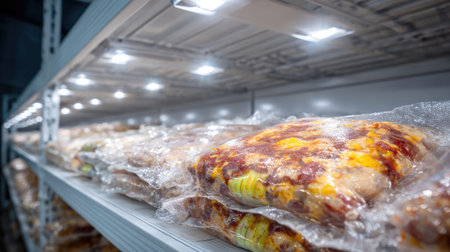 Neatly organized frozen food packages on metal shelves in a well-lit warehouse showcase a range of meal options ready for distribution.の素材