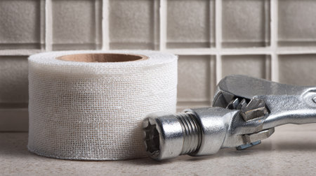 A close-up image featuring a roll of white bandage alongside an adjustable wrench, set against a clean workshop background, highlighting practical tools for repairs.の素材