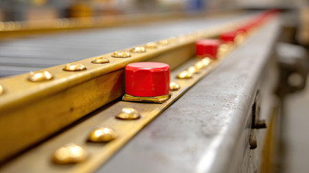 This image showcases a close-up view of red emergency buttons positioned along an industrial conveyor belt in a manufacturing facility. The focus on safety features emphasizes their importance in operational environments.の素材