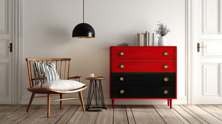 This stylish modern living room features a vibrant red dresser alongside a beautiful wooden chair, creating an inviting and sophisticated atmosphere.の素材