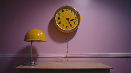 A bright yellow clock and matching lamp add a cheerful touch to a pastel pink room, showcasing modern decor with a retro vibe and warm ambiance.の素材