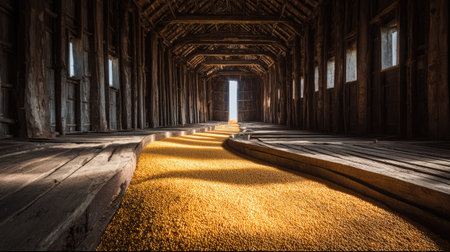 A beautifully captured rustic barn interior filled with golden corn grains, leading to a bright open door, symbolizing agricultural abundance and warmth.の素材