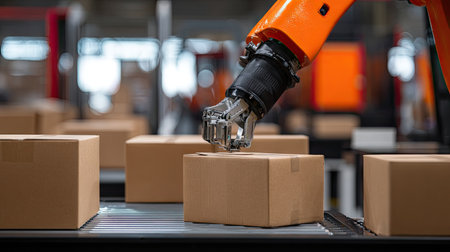 A robotic arm efficiently handles cardboard boxes on a busy assembly line in a modern warehouse, showcasing innovation in automation and logistics processes.の素材