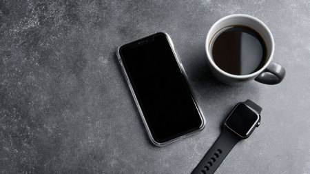 A sleek smartphone and modern smartwatch sit alongside a cup of black coffee on a textured surface, creating a perfect morning scene for productivity.の素材