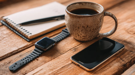 A cozy morning workspace showcasing a filled coffee cup, smartwatch, smartphone, and a notebook with a pen on a rustic wooden table, perfect for productivity.の素材