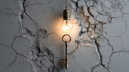 This captivating image features a vintage key gracefully suspended alongside an Edison bulb, illuminating a cracked wall. The warm light adds charm to any space.の素材