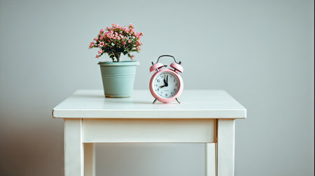 A charming interior scene featuring a pink alarm clock and a flower pot sitting on a simple wooden table. This image captures a tranquil atmosphere perfect for home decor inspiration.の素材