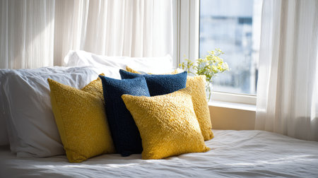 A serene bedroom interior featuring soft bed linen adorned with vibrant yellow and blue cushions, illuminated by gentle natural light and floral accents.の素材