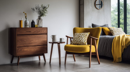 This image features a cozy living space highlighting mid-century furniture design. A stylish armchair and wooden chest set a warm, inviting atmosphere.の素材