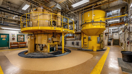 A vibrant industrial manufacturing facility features bright yellow equipment and machinery, showcasing a well-organized workspace for efficient operations.の素材