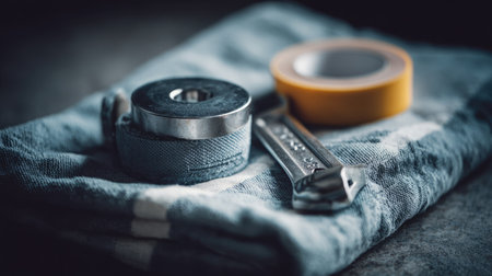 A captivating close-up composition showcasing a measuring tape, a metallic wrench, and an adhesive tape atop textured fabric, ideal for tool or home improvement themes.の素材