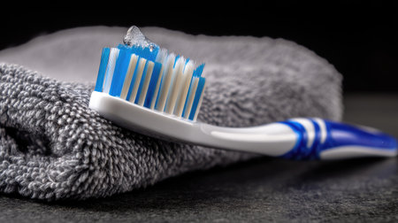 A close-up view of a toothbrush resting on a gray towel, featuring a bit of toothpaste. This composition highlights essential dental care tools for everyday hygiene routines.の素材