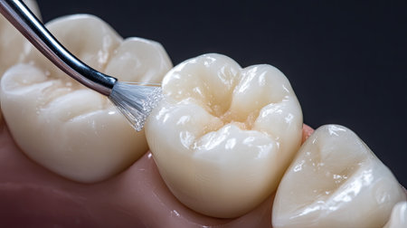A detailed close-up image showing a dental professional using a brush to apply restoration material on a tooth surface during a procedure.の素材
