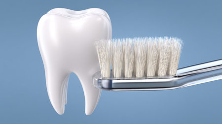 A high-quality image of a shiny white tooth resting on a modern toothbrush against a soft blue background, emphasizing the importance of dental health and proper oral hygiene practices.の素材