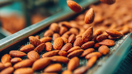 Fresh almonds cascade down a metal conveyor belt in a busy manufacturing facility. This vibrant scene captures the essence of healthy snack production and the natural food process.の素材