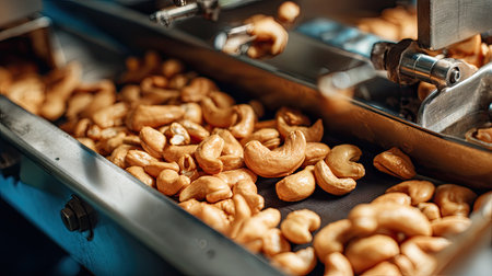 A close-up view of roasted cashew nuts on a production line, showcasing the intricate process in a snack manufacturing facility, highlighting freshness.の素材