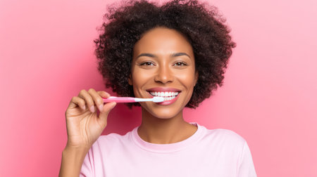 A joyful woman brushes her teeth with a toothbrush against a vibrant pink background, promoting dental hygiene and self-care practices in a cheerful way.の素材