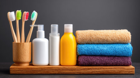 A beautifully arranged wooden tray showcases vibrant toothbrushes, skincare bottles, and soft towels, presenting a serene bathroom scene that emphasizes cleanliness and organization.の素材