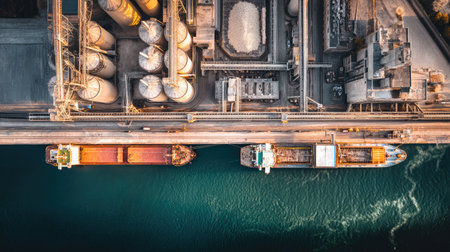 This aerial image showcases cargo ships docked at a busy industrial port surrounded by large silos and facilities, highlighting maritime logistics.の素材