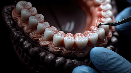 This image showcases a detailed dental model featuring realistic human teeth. It is ideal for educational purposes in dentistry, training, and oral hygiene practices.の素材