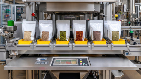 This image showcases an advanced packaging machine in a modern production line for various seeds. The setup highlights efficiency and automation in agriculture.の素材