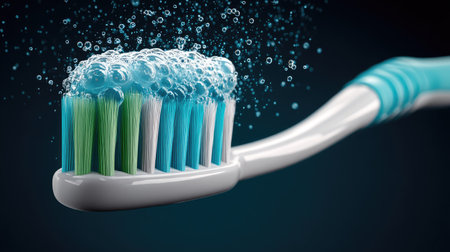 This image features a close-up of a toothbrush with foamy bubbles, emphasizing cleanliness and personal care in oral hygiene routines.の素材