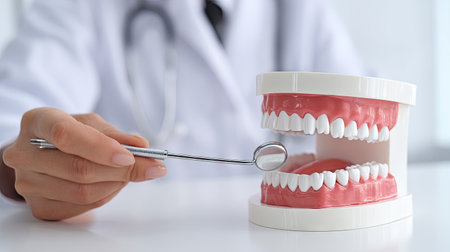 A dentist in a white coat holds a dental model featuring teeth and gums while preparing for an examination. This image highlights the importance of oral health education and treatment.の素材