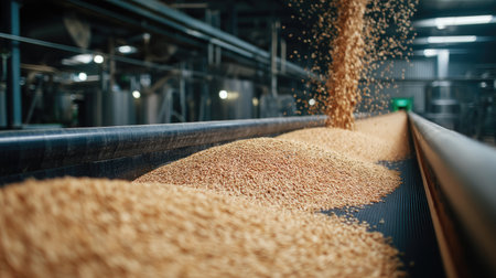A high-tech grain processing facility showcasing a conveyor system transporting grains, symbolizing modern agriculture and efficient food production methods.の素材