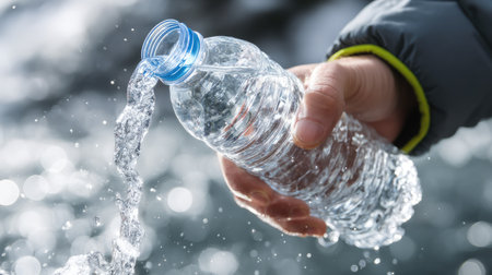 A close-up of a hand holding a plastic water bottle as it pours crystal-clear water into the natural setting. The bokeh background adds a magical touch, emphasizing freshness.の素材
