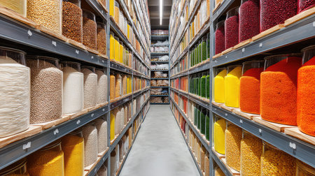 A vibrant warehouse showcasing an organized selection of jars filled with colorful grains and legumes. The neatly arranged shelves highlight culinary diversity and healthy ingredients.の素材