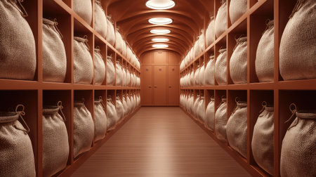 A serene storage room featuring rows of burlap bags on wooden shelves, illuminated by soft, warm light, creating a cozy and inviting atmosphere.の素材