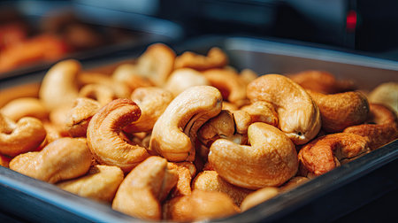 A close-up capture of fresh cashew nuts displayed invitingly in a stainless steel tray, showcasing their unique textures and warm hues. Perfect for food lovers.の素材