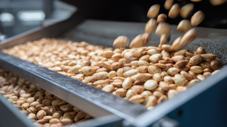 A vibrant scene of almonds being processed in a factory, showcasing raw nuts falling onto a conveyor. The image highlights the efficiency and freshness of food manufacturing.の素材