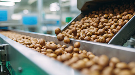 A detailed view of a nuts processing line showcasing fresh hazelnuts moving down a conveyor belt in a modern factory setting. This image highlights the transformation of raw agricultural products into packaged goods.の素材
