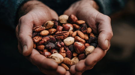 A close-up capture of hands holding an assortment of nuts and dried fruits, showcasing textures and colors in a natural setting, promoting health and vitality.の素材