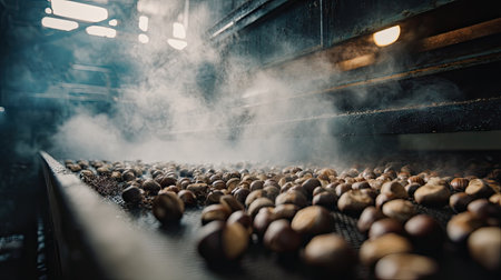 This captivating image showcases fresh chestnuts being roasted in an industrial setting, enveloped in steam and warmth, highlighting the rich textures and aromas of the process.の素材
