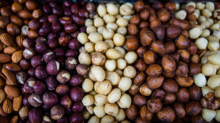 This vibrant image showcases an enticing display of assorted nuts and seeds in various colors and textures, encapsulating the essence of healthy snacking.の素材