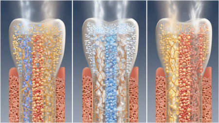 This illustration depicts the intricate layers of a tooth, featuring enamel, dentin, and pulp. It highlights nerve and blood vessel connections for educational purposes.の素材