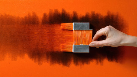 A hand uses a paintbrush to create a vivid gradient on an orange wall, showcasing art and creativity in a modern setting. Perfect for inspiration.の素材