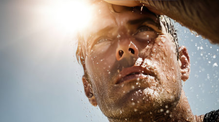 A close-up image showcasing a determined male athlete shielding his eyes from the bright sunlight after a vigorous workout, surrounded by nature.の素材