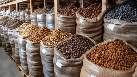A vibrant display of various organic nuts and dried fruits stored in burlap sacks within a spacious warehouse. Each sack showcases distinct textures and colors, highlighting the rich diversity of these healthy snacks, ideal for culinary use or retail.の素材