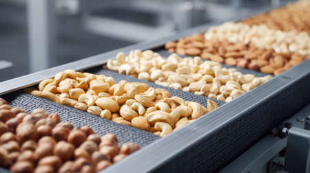 A close-up view of assorted nuts including almonds, cashews, and hazelnuts on a conveyor belt in a food processing facility, showcasing modern production methods.の素材