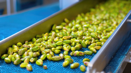 Fresh, green pistachio nuts slide along a conveyor belt in a processing facility, showcasing their vibrant color and texture, perfect for healthy snacking.の素材