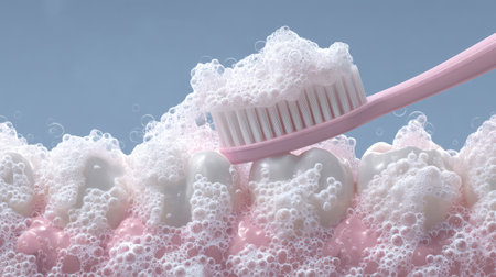 A close-up view features a pink toothbrush frothing with bubbles as it cleans white teeth. The soft blue background enhances the focus on dental hygiene.の素材