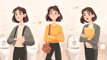 This illustration showcases a woman in a bathroom setting, featuring three distinct emotions. The artwork captures humor and relatability, perfect for various creative projects.の素材