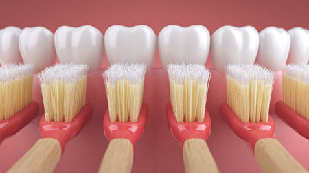 This image features toothbrushes set against a backdrop of shiny white teeth, symbolizing effective dental care. Ideal for health and hygiene themes.の素材