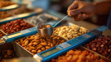 A detailed close-up image capturing a hand scooping fresh almonds from an organized display of assorted nuts and dried fruits at a vibrant market stand.の素材