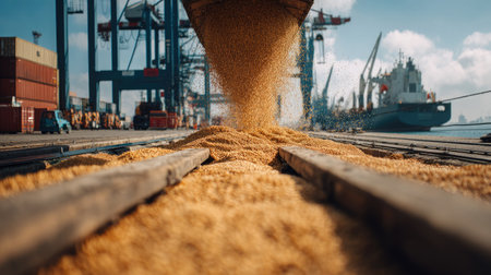 A dynamic scene at a port showcasing the unloading of grain via crane. Ships and storage containers fill the backdrop under a vibrant sky, illustrating industry and logistics.の素材