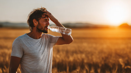 A young man stands in a golden wheat field during sunset, holding a water bottle. He appears relaxed and enjoys nature, showcasing the beauty of summer.の素材